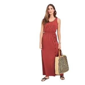 Garnet Hill Women's Red Scoop Neck Side-Button Knit Maxi Dress Size Small